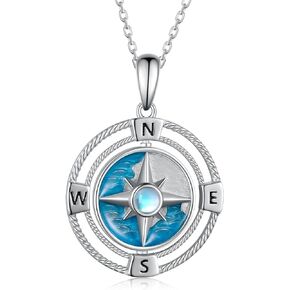 Compass Necklace for Women,925 Sterling Silver Rotatable Compass Pendant Necklaces with Moonstone,Inspirational Nautical Dream Jewelry Graduation Gifts for Teen Girls,18''-20''