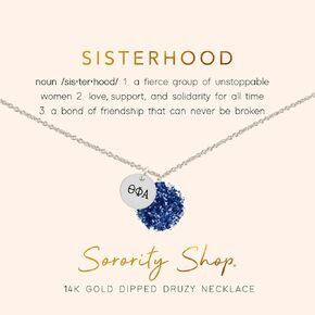 Sorority Shop TPA Necklace - Theta Phi Alpha Blue Druzy Gemstone Necklace With Engraved Pendant – Silver Rhodium Plated Jewelry with Blue Gemstone – Sorority Gift, Charm Paraphernalia