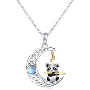 Celtic Moon Music Note Necklaces for Girl 925 Sterling Silver Moonstone Panda Necklace Crescent Moon Jewelry Musical Lover Gift Musical Note Necklace for Women