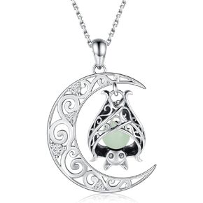 Silver Bat Crescent Moon Necklace Gothic Black Bat Pendant Cute Animal Glowing in the Dark Halloween Jewelry Gift for Women Girl