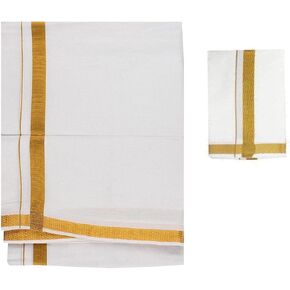 Cotton with Gold Zari Border Double Layer Dhotis with Angavastram for Men | Solid White with Gold Zari Border Dhoti | Cotton Dhoti 8 x 4 in Saudi Arabia
