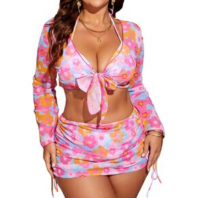 MakeMeChic Women's Plus Size 4 Piece Swimsuit Floral Halter Triangle Thong Bikini with Cover Up Set