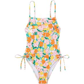 WDIRARA Women's Floral Print Drawstring Side Swimwear Spaghetti Strap Onepiece Swimsuit