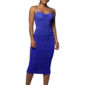 LYANER Women's Sexy Sweetheart Neck Ruched Sleeveless Glitter Bodycon Midi Dress