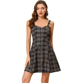 Allegra K Women's Plaid Zipper Front Christmas Xmas Party Strap Sleeveless Tube Mini A-Line Dress