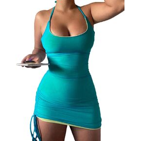 Lancifolium Women's Color Block Summer Bodycon Spaghetti Strap Mini Dress