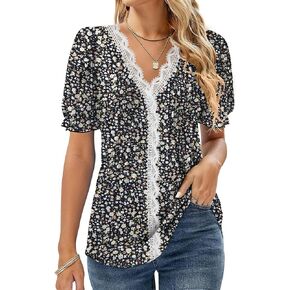 Womens Tops V Neck Puff Short Sleeve Pleated T Shirts Fashion Cute Summer Casual Tunic Blouse for Women