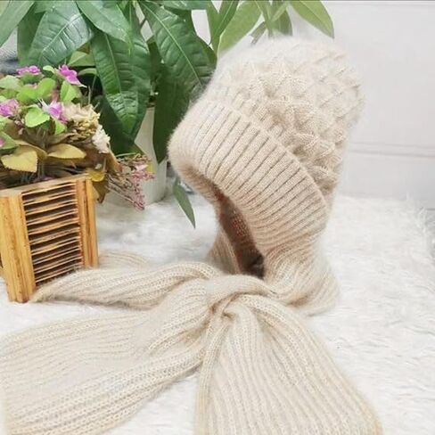 وشاح حماية اذن مدمج مقاوم للرياح 2 في 1، وشاح حماية للاذن، قبعة محبوكة مخملية سميكة للشتاء، قبعة صغيرة محبوكة للتدفئة في الشتاء (بيج) in Kuwait