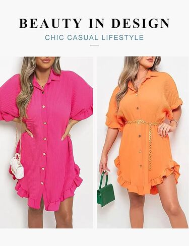 فساتين العطلة النسائية لعام 2023، فستان تونيك مكشكش، فساتين غير رسمية متأرجحة فضفاضة للنساء مقاس واحد in Kuwait