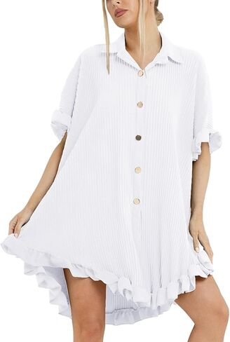 فساتين العطلة النسائية لعام 2023، فستان تونيك مكشكش، فساتين غير رسمية متأرجحة فضفاضة للنساء مقاس واحد in Kuwait