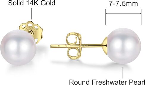 14k Solid Gold Pearl Earrings for Women Freshwater Real Round Pearl Stud Earrings Hypoallergenic with Genuine Cultured Pearls in Saudi Arabia