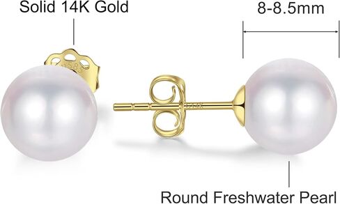 14k Solid Gold Pearl Earrings for Women Freshwater Real Round Pearl Stud Earrings Hypoallergenic with Genuine Cultured Pearls in Saudi Arabia