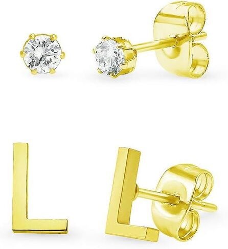 Stainless Steel Yellow Gold Tone Alphabet Initial Letter Tiny Earring Studs With Cubic Zirconia 3mm Set Letters A-Z in Kuwait