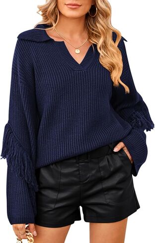 سترة نسائية من Sovoyontee موضة خريف 2023 ذات ياقة كبيرة الحجم وأكمام طويلة ورقبة على شكل V وسترات صوفية متماسكة in Kuwait