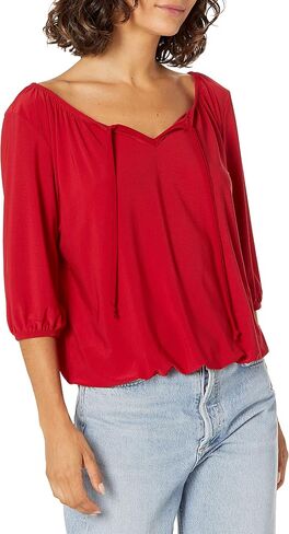 Star Vixen Women's Petite 3/4 Sleeve Peasant Elastic-Hem Keyhole-tie Top in Saudi Arabia