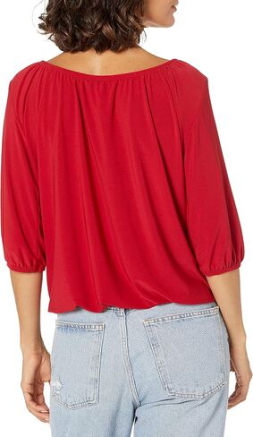 Star Vixen Women's Petite 3/4 Sleeve Peasant Elastic-Hem Keyhole-tie Top in Saudi Arabia