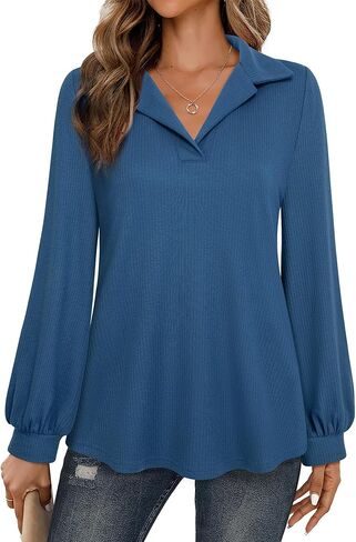 Lotusmile Women's Dressy Collared Shirts Ribbed Long Sleeve Top Business Casual Work Blouses in Kuwait