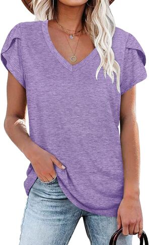 WNEEDU Womens 2024 T Shirts Petal Sleeve V Neck Casual Tees Summer Basic Tops in Saudi Arabia