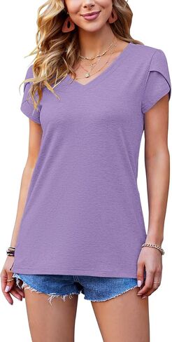 WNEEDU Womens 2024 T Shirts Petal Sleeve V Neck Casual Tees Summer Basic Tops in Saudi Arabia