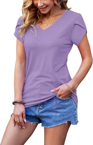 WNEEDU Womens 2024 T Shirts Petal Sleeve V Neck Casual Tees Summer Basic Tops in Saudi Arabia