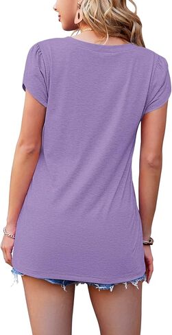 WNEEDU Womens 2024 T Shirts Petal Sleeve V Neck Casual Tees Summer Basic Tops in Saudi Arabia