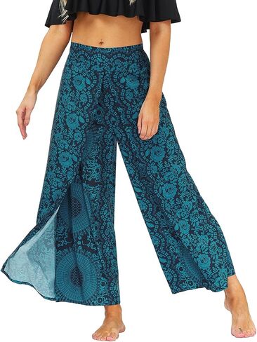 سراويل بوهو النسائية الأنيقة من Lu's واسعة الساق غاوتشو حريم اليوغا متدفقة بوهيمية هندية بفتحة جانبية بالازو in Kuwait