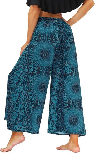 سراويل بوهو النسائية الأنيقة من Lu's واسعة الساق غاوتشو حريم اليوغا متدفقة بوهيمية هندية بفتحة جانبية بالازو in Kuwait