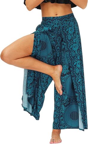 سراويل بوهو النسائية الأنيقة من Lu's واسعة الساق غاوتشو حريم اليوغا متدفقة بوهيمية هندية بفتحة جانبية بالازو in Kuwait