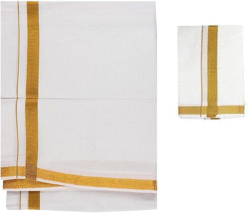 Cotton with Gold Zari Border Double Layer Dhotis with Angavastram for Men | Solid White with Gold Zari Border Dhoti | Cotton Dhoti 8 x 4 in Saudi Arabia
