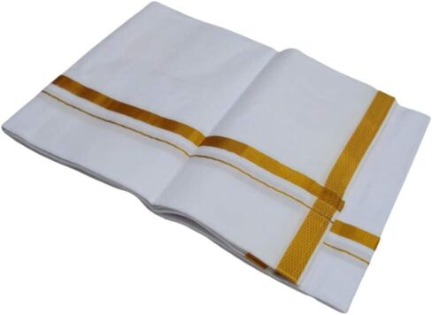 Cotton with Gold Zari Border Double Layer Dhotis with Angavastram for Men | Solid White with Gold Zari Border Dhoti | Cotton Dhoti 8 x 4 in Saudi Arabia