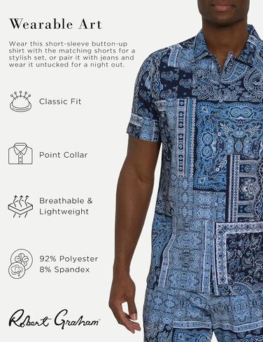 Robert Graham Men The Gotham Short Sleeve Button Down Shirt, Navy, Medium in Saudi Arabia