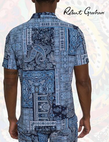 Robert Graham Men The Gotham Short Sleeve Button Down Shirt, Navy, Medium in Saudi Arabia