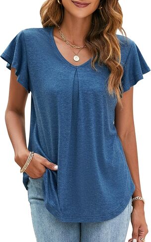 Women's Ruffle Short Sleeve Tops V Neck T-Shirts Solid Color Blouse Casual Summer Tunic Tops in Kuwait