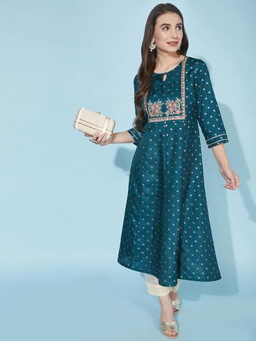 كورتا مستقيمة للسيدات من SIRIL مطرزة بالحرير ومطبوعة بالرقائق المعدنية in Kuwait