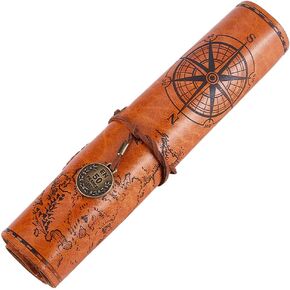 GORGECRAFT Leather Pencil Bag Strap Vintage Treasure Map Compass Cover Rollup Storage Organizer Retro Pen Bag Wrap Roll Case Holder Portable Stationery Pouch with Alloy Charming Rectangle(Peru)