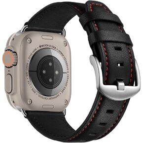 Leather Band Compatible with Apple Watch Ultra2 49mm 45mm 44mm 42mm Mens Women Vintage Leather Strap XL Dressy Black Bands with Black Adapters for iWatch Ultra Series 9 8 7 6 5 4 3 2 1 SE