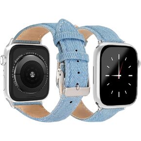Denim Strap for Apple Watch Band 41mm 40mm 38mm, Soft Leather Hybrid Bracelet Compatible with iWatch Bands Series 9/SE/8/7/6/5/4/3/2/1, Fashion Strap for Apple Watch Men Women Blue