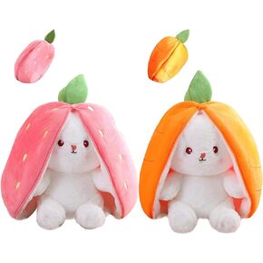 2PCS Plush Toy Pillow, Reversible Carrot Strawberry Bunny Plush with Zipper, Easter Bunny Stuffed Animal Cute Rabbit Plushie Birthday Gift for Boys Girls Kids (1pcs 7" Carrot)