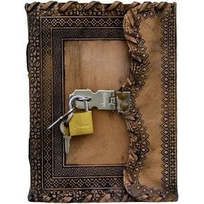 Leather Crafter's Antique Handmade Leather Bound Journal with Old Fashioned Lock & Key Leather Grimoire Book of Shadows Journal Vintage Leather Blank Journal 7x5 Inch (lock n key)