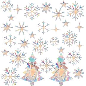 Snowflake Window Clings for Glass Windows Anti Collision Bird Alert Decals Stickers for Window, Non Adhesive Prismatic Rainbow Stickers