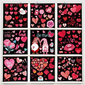 9 Sheets Valentine's Day Window Clings Double-Sided Hearts Gnomes Valentines Decorations Supplies