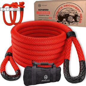 MiolleGear Kinetic Recovery & Tow Rope، 7/8 بوصة × 30 بوصة - (29300 رطل)، مع 2 أغلال ناعمة من الألياف الطيفية 3/8 بوصة × 6 بوصة (35000 رطل)