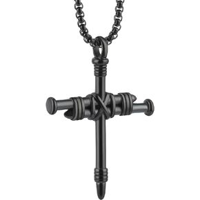 Cross Pendant for Car Rear View Mirror Decor Hanging Ornament Stainless Steel Piton Shape Cross Necklace Amulet Jewelry Men Boys Christian Gift, Black