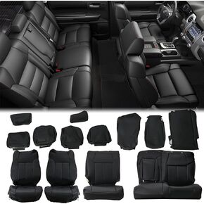 HECASA Black Synthetic Leather Seat Covers Front and Rear Compatible with 2014-2021 Toyota Tundra Crewmax Crew Max
