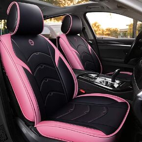 Cartoon Bear All-Inclusive Leather Four Season Seat Cover Cushion 5 Seat Full Set of Universal Fit (Black-Pink)