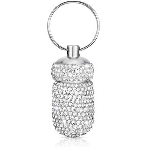 Soleebee Portable Bling Keychain Pill Box, Small Travel Pill Case Organizer, Outdoor Waterproof Pill Container, Crystal Diamond Medicine Bottle, Pill Bottle Keychain (AB)
