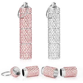 2 Pcs Bling Rhinestone Portable Pill Box, 3 Compartment Keychain Aluminium Alloy Small Travel Pill Organizer Case Container, Reusable Waterproof Pill Holder Medicine Bottle for Women Outdoor Camping