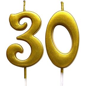 Gold 30th Birthday Numeral Candle, Number 30 Cake Topper Candles Party Decoration for Women or Men