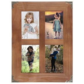 4x6 picture frames collage, Window Pane 4 Opening 4x6 picture frame with Decorative Metal Corners for Table Top Display and Wall mounting Photo Frame (Brown, 16.2x12.2 inch)