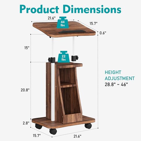 حامل Shintenchi Mobile Podium، عربة كمبيوتر محمول متدحرجة مع ارتفاع قابل للتعديل، حامل كمبيوتر محمول مع سدادة علوية دوارة وحافة، مكتب كمبيوتر محمول قائم على عجلات، أسود in Kuwait